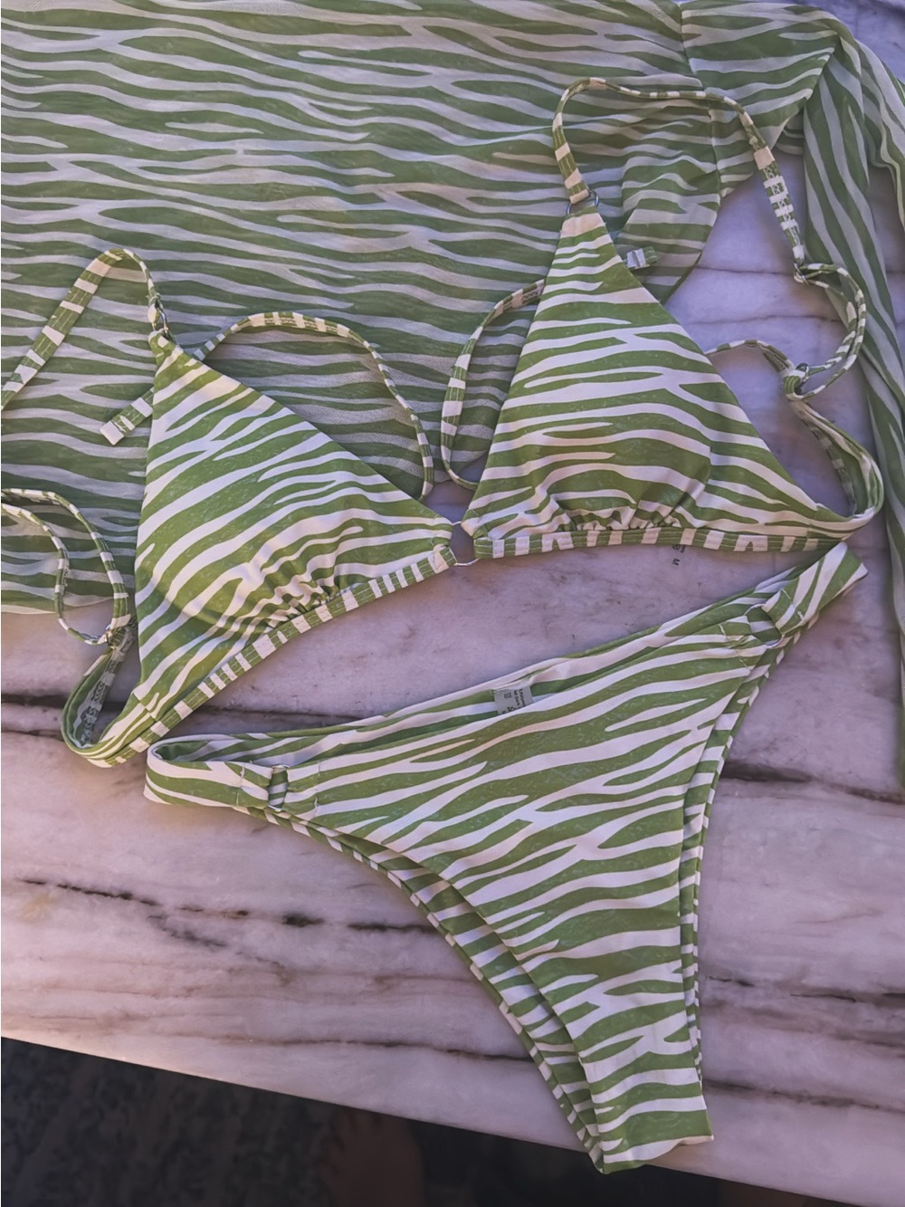 Green Zebra Print Triangle Bikini w/ cover up skirt Set (medium)